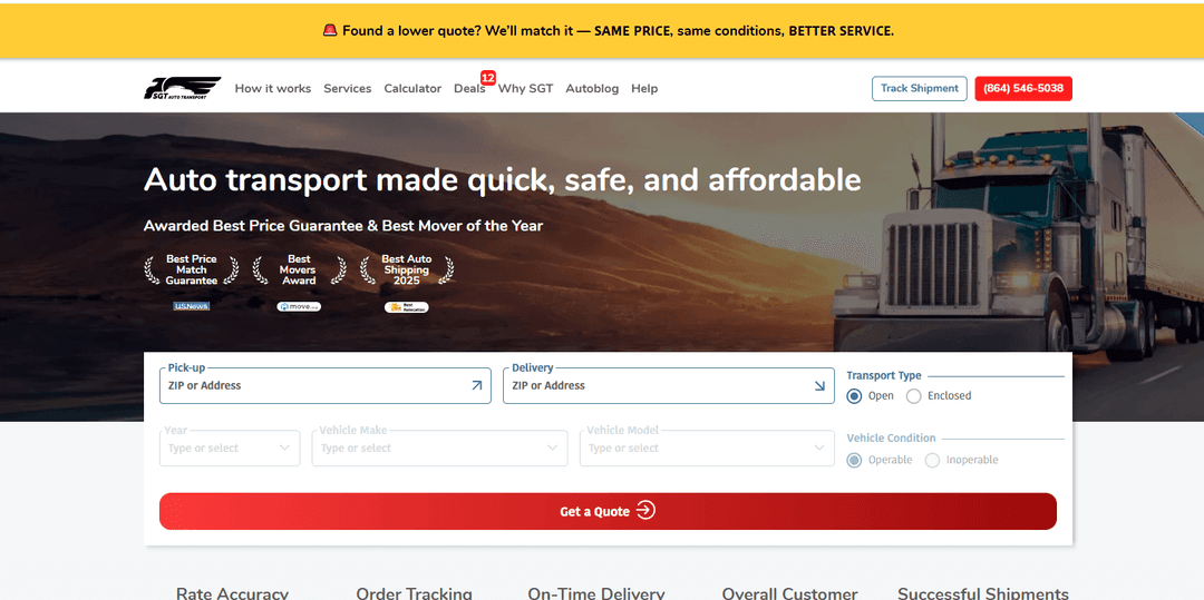 SGT Auto Transport homepage reading Auto transport made quick, safe, and affordable with a quote form