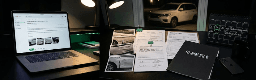 Laptop, damage photos and paperwork laid out next to a black folder labelled claim file