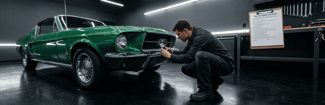Technician inspecting the front of a green classic car in a garage, with a pre-transport checklist on a clipboard