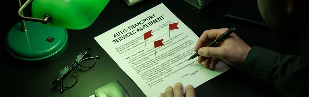 Hand signing an auto transport services agreement marked with red flags beside reading glasses