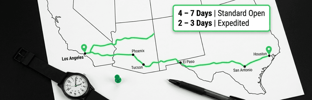 Map of the Los Angeles to Houston route via Phoenix and El Paso: 4 to 7 days open, 2 to 3 expedited