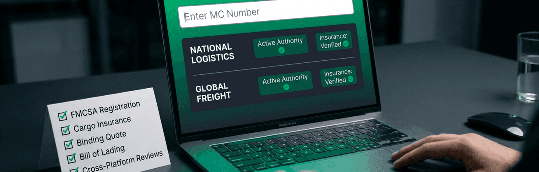 Laptop showing an MC number lookup with authority checks beside a list of FMCSA and insurance checks