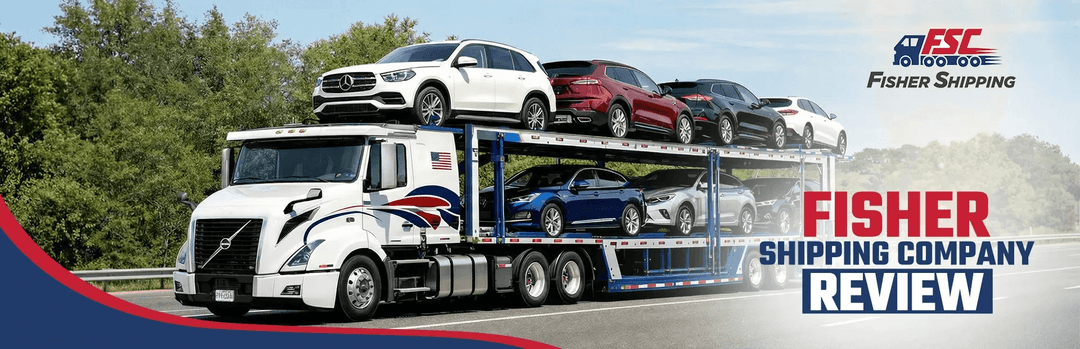 Fisher Shipping Company review banner with a white truck hauling SUVs on an open car carrier