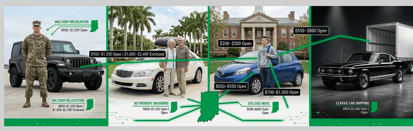 Collage of Indiana shippers: military members, retirees, a college student and a classic car owner with prices