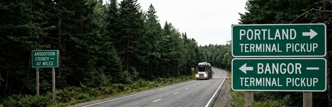 Car carrier on a forest road in Maine past signs pointing to Portland and Bangor terminal pickup