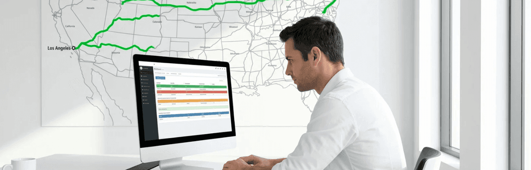 Man at a desktop comparing carrier options in a spreadsheet beside a wall map of US routes