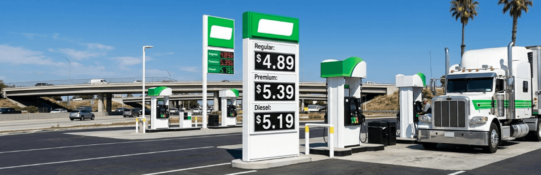 California gas station sign showing $4.89, $5.39 and $5.19 fuel prices with a car carrier truck parked nearby