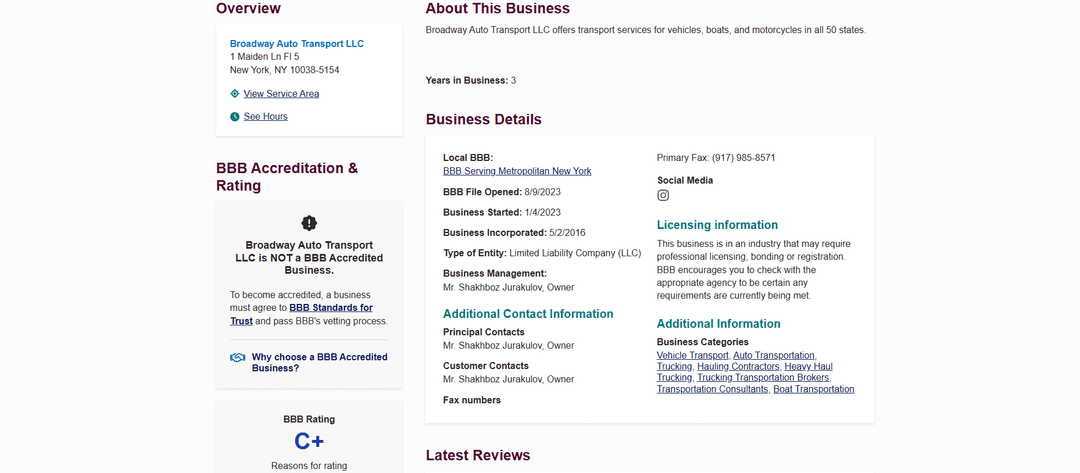 Broadway Auto Transport BBB Rating And Accreditation Status
