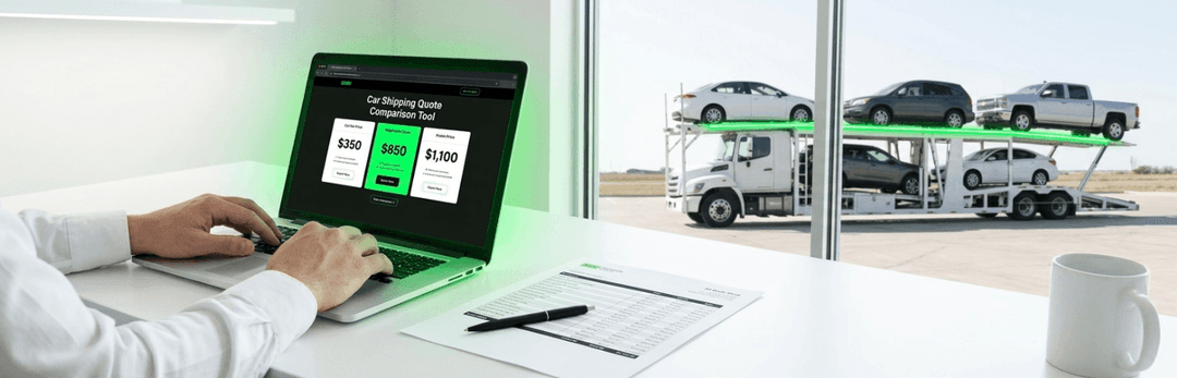 Person reviewing a car shipping quote on a laptop with an open car carrier loaded with trucks outside