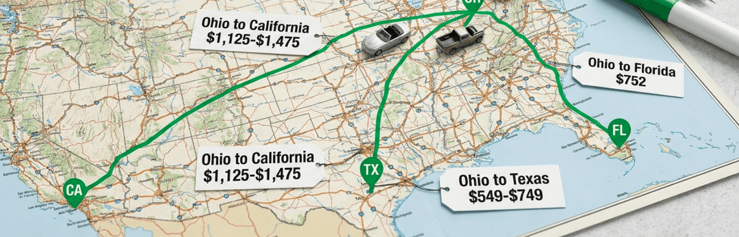 Map of Ohio routes: Ohio to California $1,125 to $1,475, Ohio to Florida $752, Ohio to Texas $549 to $749