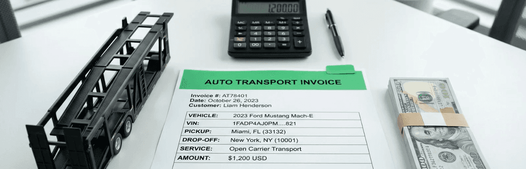 Auto transport invoice for an open carrier Miami to New York move beside a calculator, cash and a model carrier