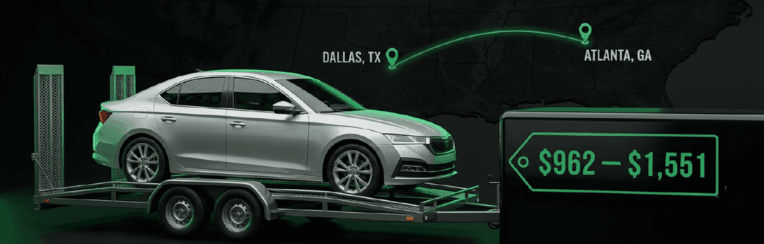 Silver sedan on a car trailer with a Dallas, TX to Atlanta, GA route line and a $962 to $1,551 price tag