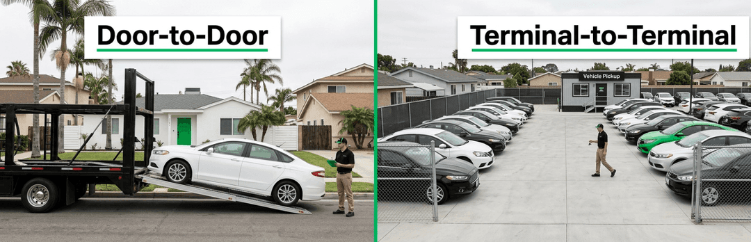 Split view of door-to-door delivery at a home versus a terminal-to-terminal car lot