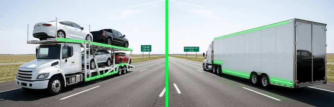 Open car carrier with cars on a highway beside a white enclosed car transport trailer