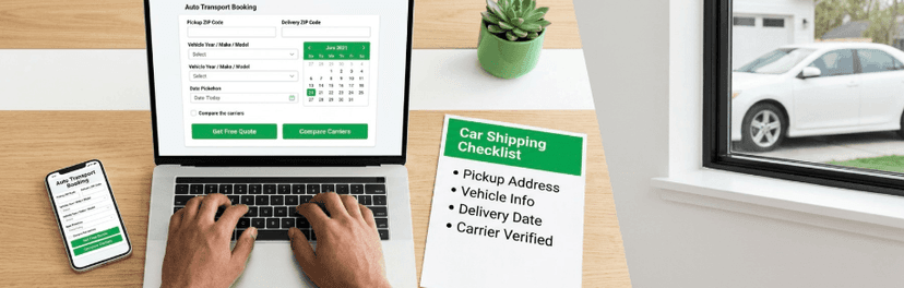 Hands typing on a laptop with a booking form, beside a car shipping checklist for address, vehicle and date