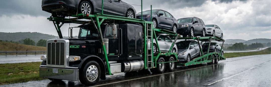 Green and black car carrier truck loaded with SUVs driving through rain on a wet Arkansas highway