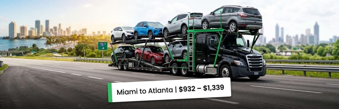 Loaded open car carrier on a highway with the Atlanta skyline and a Miami to Atlanta $932 to $1,339 label