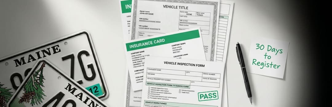 Maine license plate, title, insurance card and inspection pass beside a note reading 30 days to register