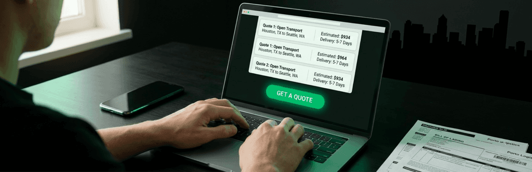 Person at a laptop comparing several car shipping quotes from different carriers, with a Get a Quote button