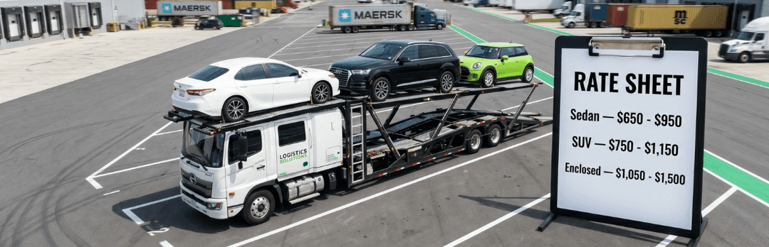 Loaded car carrier in a lot next to a rate sheet: sedan $850 to $950, SUV $750 to $1,150, enclosed $1,050 to $1,500