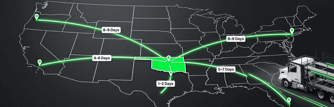 US map with routes from Oklahoma to other states, each labelled with its transit days