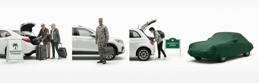 Ohio shipping situations: snowbirds loading luggage, a military member, a student with an SUV and a covered classic car