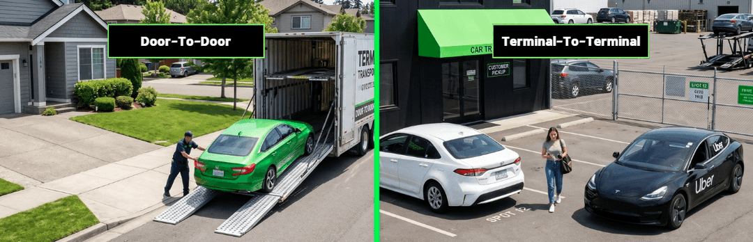 Door-to-door delivery of a green car at a house beside a terminal-to-terminal pickup lot