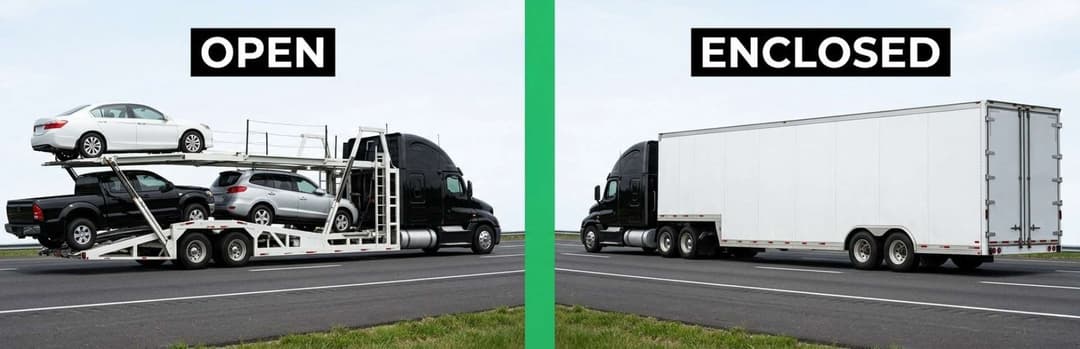 Split view comparing an open car carrier labeled Open with a white enclosed trailer labeled Enclosed