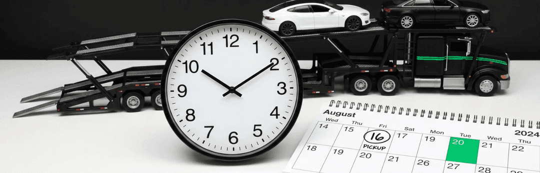 Wall clock and model car carrier beside a calendar with a pickup date marked in green