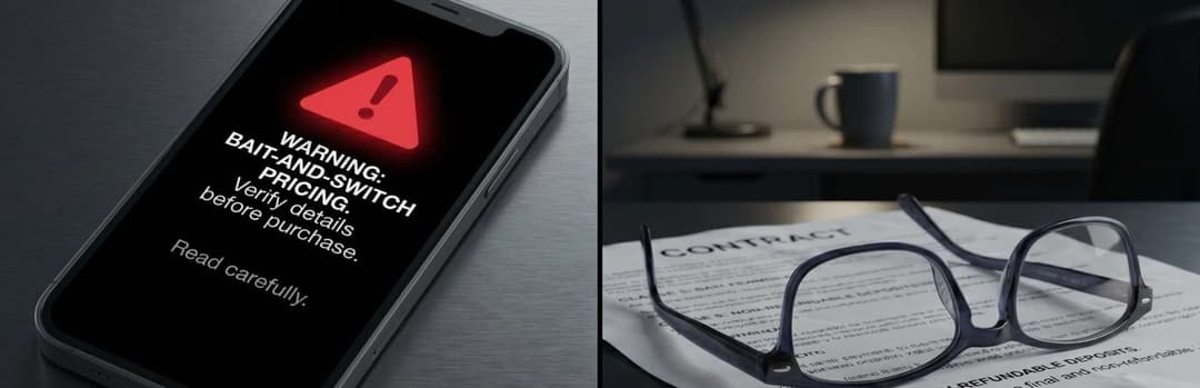 Phone screen showing a red warning about bait-and-switch pricing, next to glasses resting on a contract
