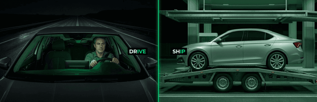 Split view of a man driving a car at night beside a sedan loaded on a carrier trailer, labelled drive and ship