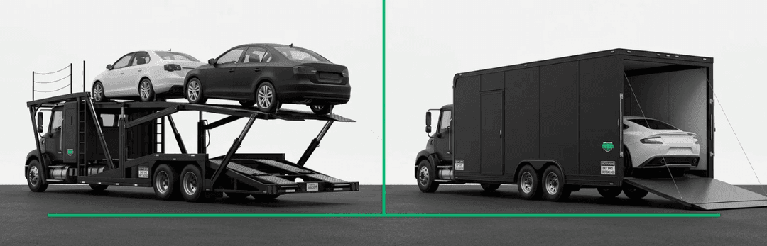 Open car carrier loaded with sedans beside an enclosed trailer with a white car on its ramp