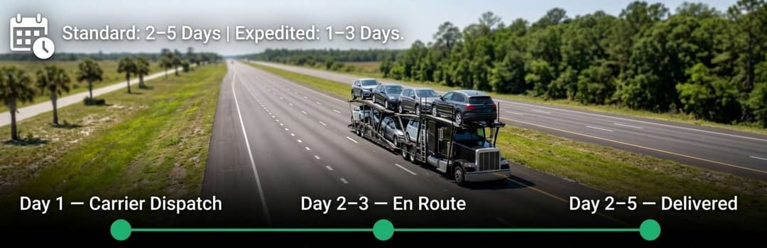 Car carrier on a highway with a timeline: day 1 dispatch, days 2 to 3 en route, days 2 to 5 delivered