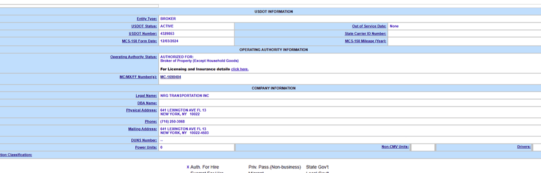 FMCSA SAFER company snapshot listing NRG Transportation USDOT, MC number and operating authority details