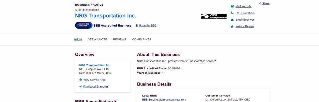 BBB business profile page for NRG Transportation Inc. showing accreditation, overview and business details