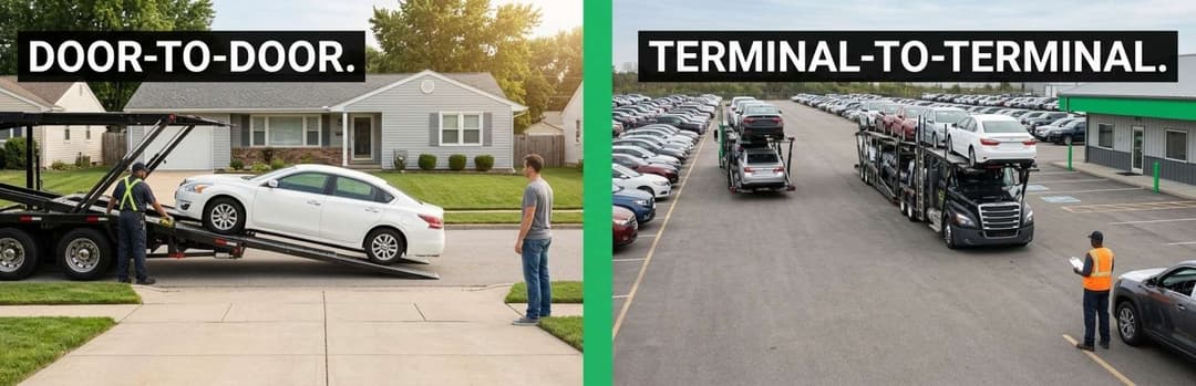 Split view of a car unloaded at a house for door-to-door and a carrier lot for terminal-to-terminal