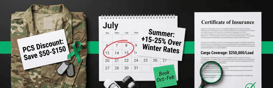 PCS discount save $50 to $150 note, a July calendar with a summer +15 to 25% rate note, and an insurance certificate