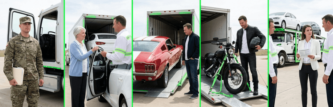 Collage of shippers by situation: a soldier, a retiree, a classic car owner, a motorcycle owner and a dealer