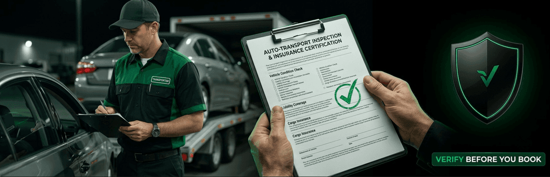 Carrier driver beside a loaded trailer while a hand holds an insurance certificate with a check mark and shield