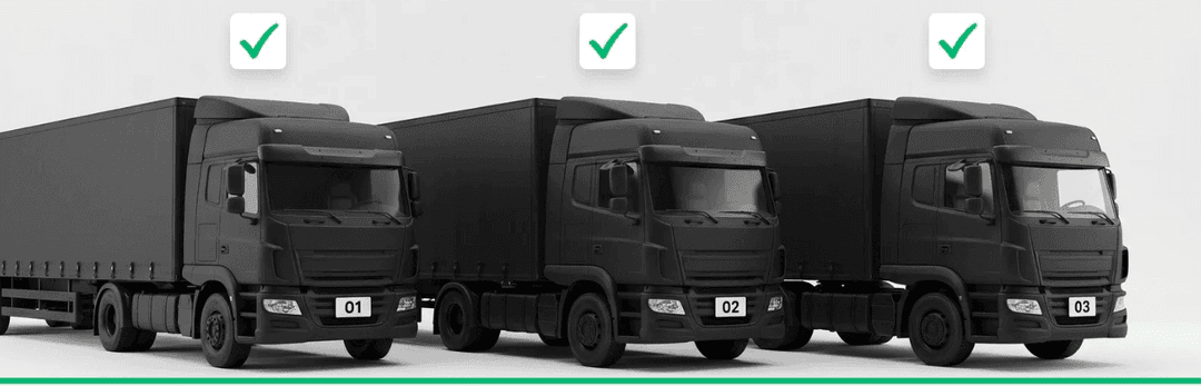 Three black box trucks lined up, each marked with a green check