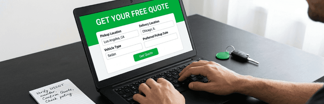 Person typing on a laptop showing a Get Your Free Quote form with pickup, delivery and vehicle fields