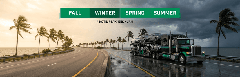 Car carrier on a stormy Florida coastal road under a fall, winter, spring and summer season bar noting peak Dec to Jan