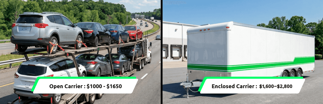 Open carrier costs $1,000–$1,650 vs. enclosed carrier $1,600–$2,800, shown with a loaded car hauler and a white trailer