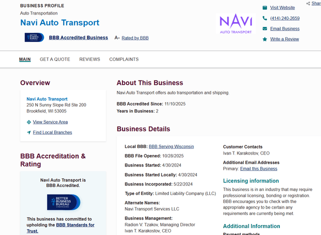 Navi Auto Transport BBB Rating and Complaints