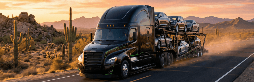 Black semi hauling cars on an open carrier through the Arizona desert past saguaro cactus at sunset