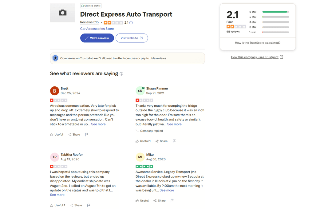 direct express auto transport review page