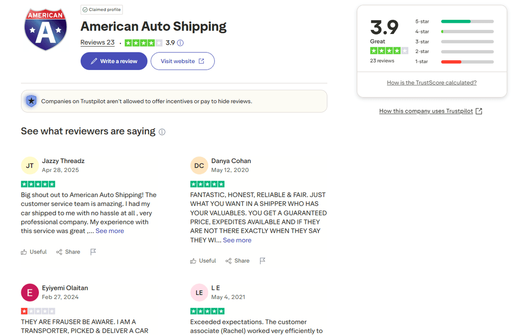 American Auto Shipping review page