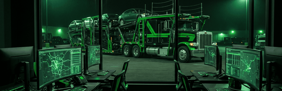 Dispatch room with glowing route maps on monitors and a car carrier visible through the window