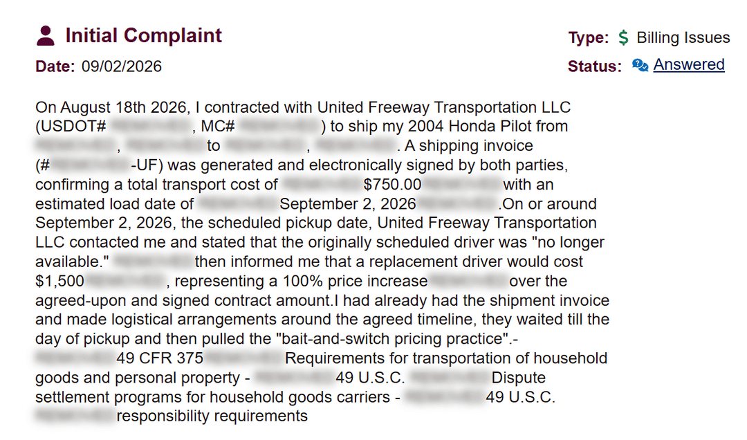 United Freeway Transportation, BBB complaint response