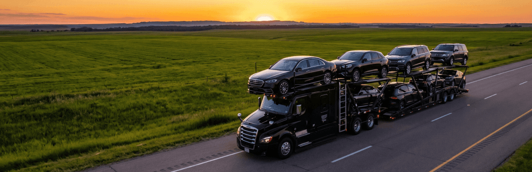 Black semi hauling a full load of cars on an open carrier across South Dakota prairie at sunset